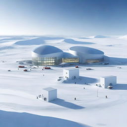 A digital rendering of a state-of-the-art laboratory headquarters in the icy landscape of Antarctica, bustling with activity.