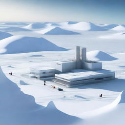 A digital rendering of a state-of-the-art laboratory headquarters in the icy landscape of Antarctica, bustling with activity.