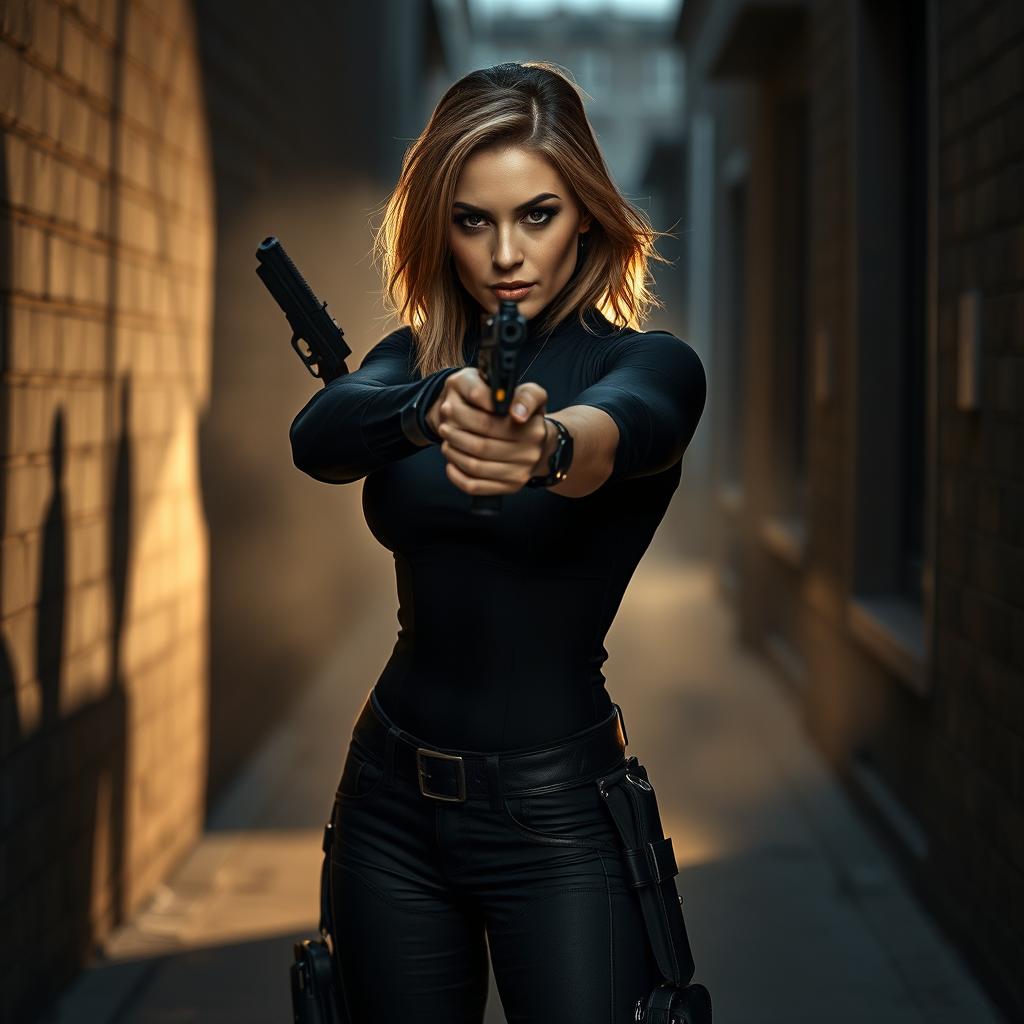 A mature woman with an air of confidence holds a silenced pistol, poised and ready to shoot