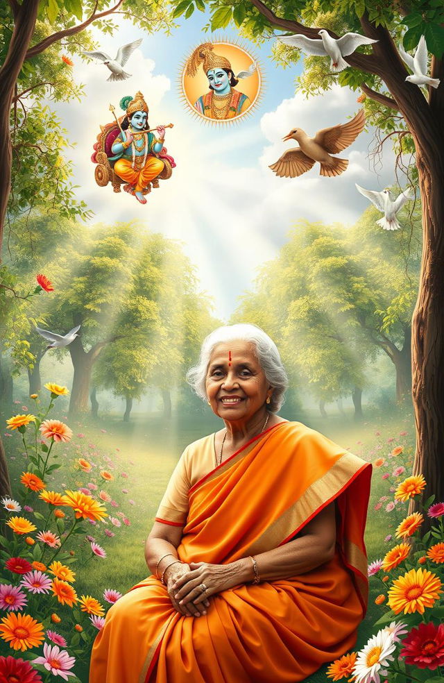 A serene and heartfelt scene depicting the intertwined memories of a grandmother, surrounded by blessings from Lord Krishna and Lord Jagannath