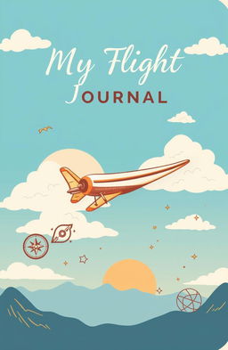 A beautifully designed personal flight journal cover, featuring a vintage airplane soaring through a bright blue sky dotted with fluffy white clouds