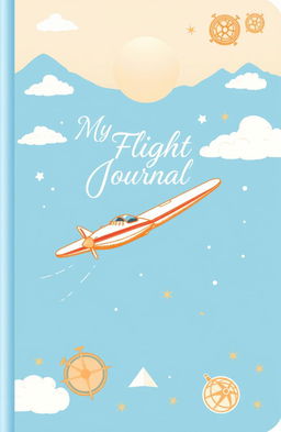 A beautifully designed personal flight journal cover, featuring a vintage airplane soaring through a bright blue sky dotted with fluffy white clouds