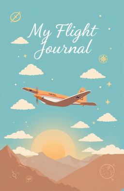 A beautifully designed personal flight journal cover, featuring a vintage airplane soaring through a bright blue sky dotted with fluffy white clouds