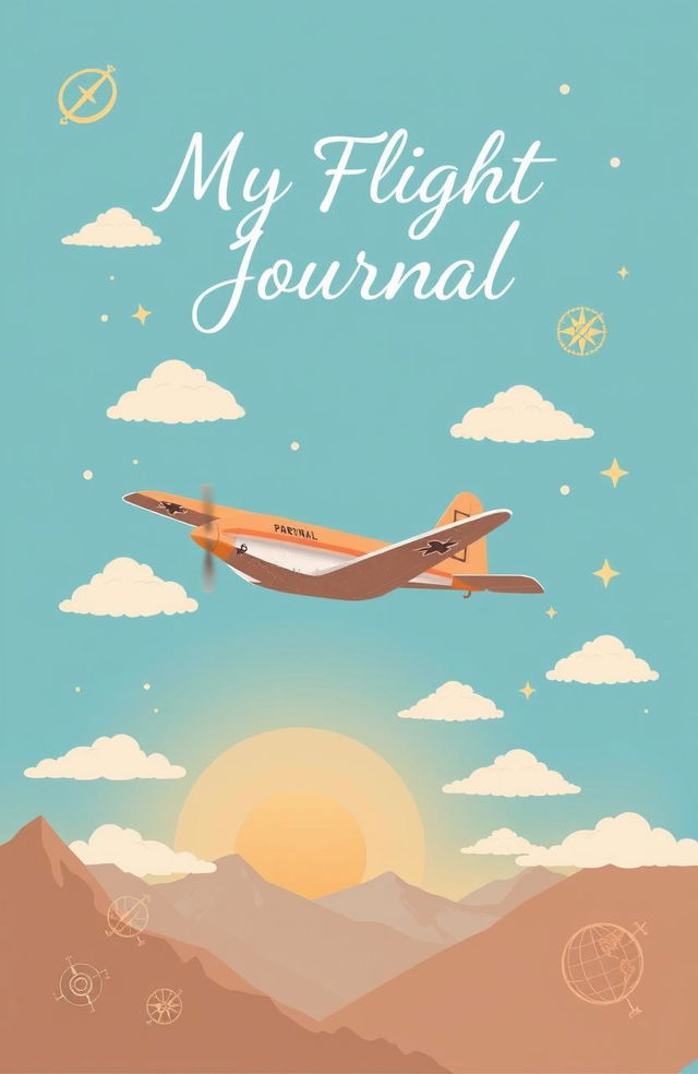 A beautifully designed personal flight journal cover, featuring a vintage airplane soaring through a bright blue sky dotted with fluffy white clouds
