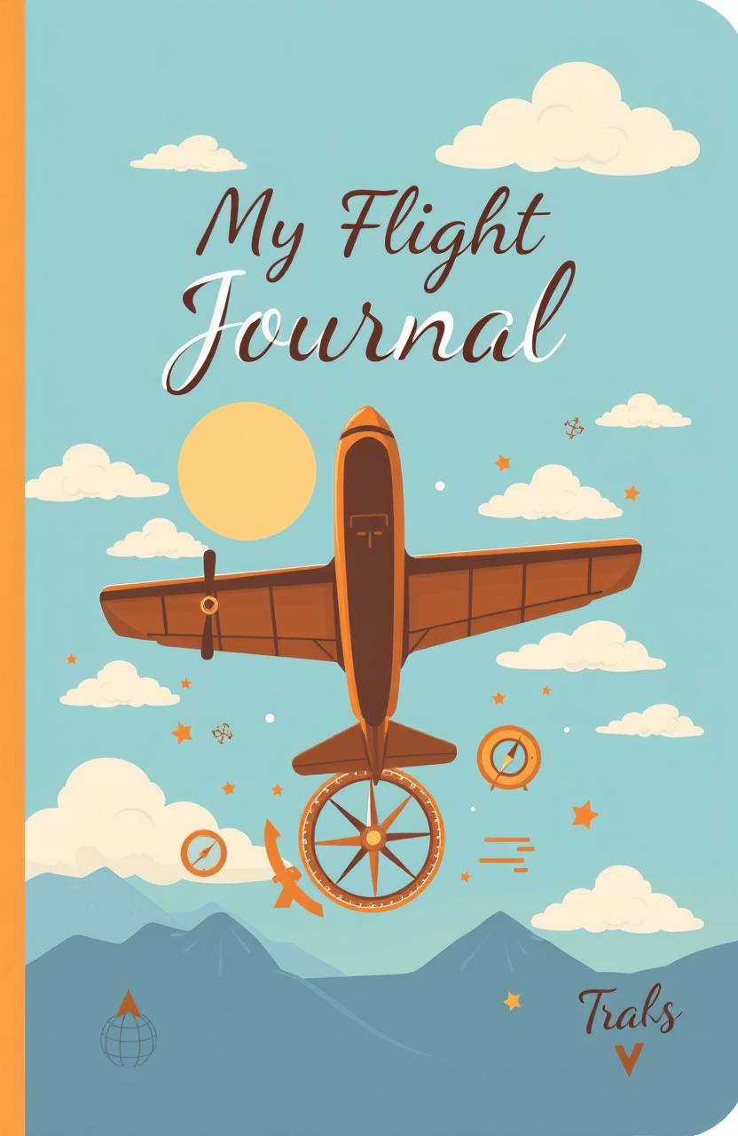 A beautifully designed personal flight journal cover, featuring a vintage airplane soaring through a bright blue sky dotted with fluffy white clouds
