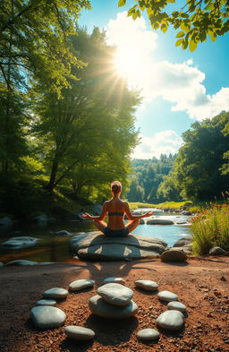 A serene and tranquil scene depicting a person practicing mindfulness and meditation in a peaceful natural environment