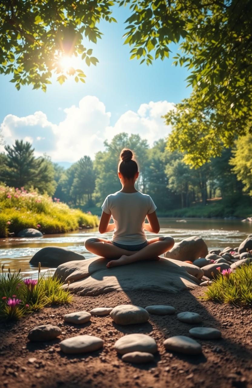 A serene and tranquil scene depicting a person practicing mindfulness and meditation in a peaceful natural environment