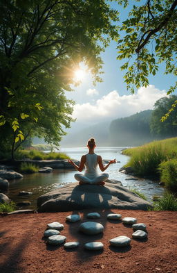 A serene and tranquil scene depicting a person practicing mindfulness and meditation in a peaceful natural environment