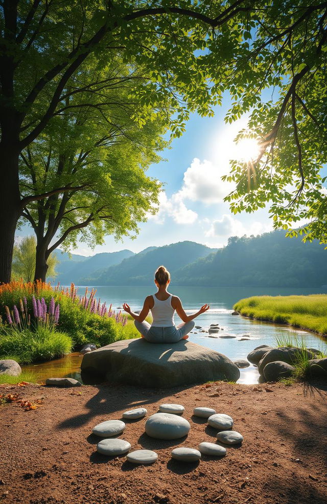 A serene and tranquil scene depicting a person practicing mindfulness and meditation in a peaceful natural environment