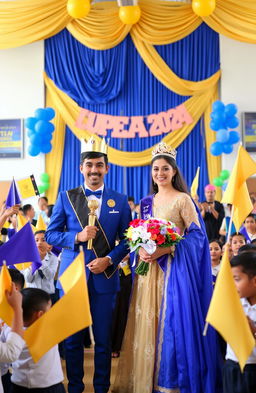 A vibrant and engaging scene showcasing a school event at Fatima Integrated School where the King and Queen for the year 2024 are being crowned