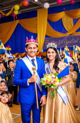 A vibrant and engaging scene showcasing a school event at Fatima Integrated School where the King and Queen for the year 2024 are being crowned