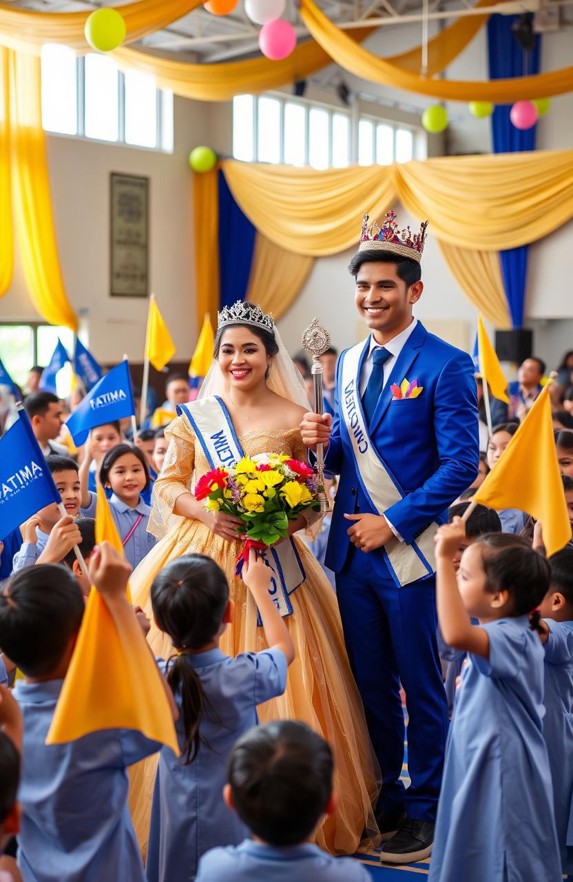 A vibrant and engaging scene showcasing a school event at Fatima Integrated School where the King and Queen for the year 2024 are being crowned