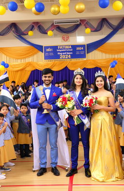 A vibrant and engaging scene showcasing a school event at Fatima Integrated School where the King and Queen for the year 2024 are being crowned