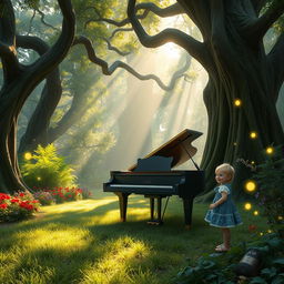 A magical forest scene filled with enchanting, vibrant greenery and whimsical flora