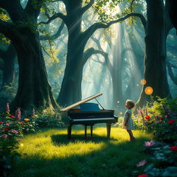 A magical forest scene filled with enchanting, vibrant greenery and whimsical flora