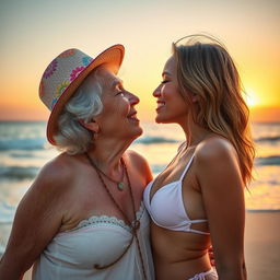 An intimate and affectionate scene depicting a granny and a young woman in a bikini sharing a tender French kiss