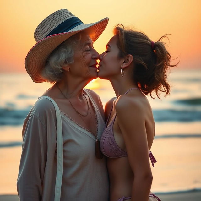 An intimate and affectionate scene depicting a granny and a young woman in a bikini sharing a tender French kiss