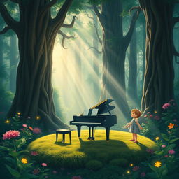 A graphical representation of a magical forest scene filled with vibrant, whimsical greenery and fantastical flora