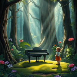 A graphical representation of a magical forest scene filled with vibrant, whimsical greenery and fantastical flora