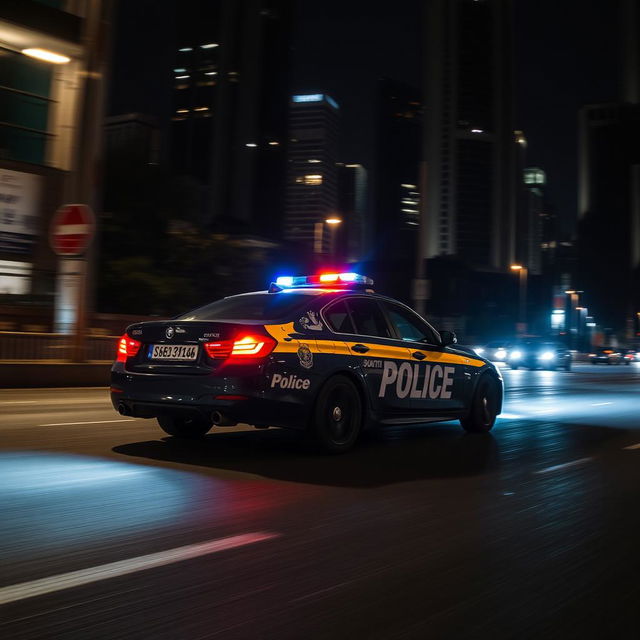 A South African police car speeding through a dimly lit urban street at night