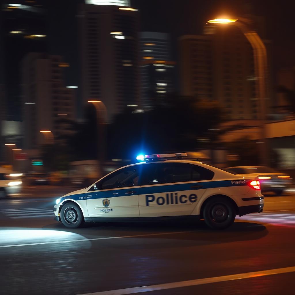 A South African police car speeding through a dimly lit urban street at night