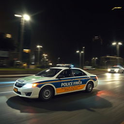 A South African police car speeding through a dimly lit urban street at night