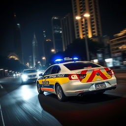 A South African police car speeding through a dimly lit urban street at night