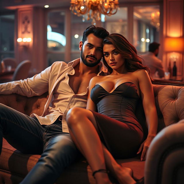 A sexy couple lounging together in a seductive pose on a luxurious sofa, showcasing their chemistry and intimate connection