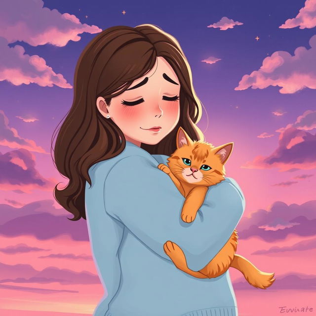 An emotional illustration of Sara, a young woman with wavy brown hair, wearing a cozy light blue sweater, hugging her fluffy orange cat named Twinkle goodbye