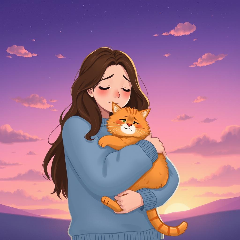 An emotional illustration of Sara, a young woman with wavy brown hair, wearing a cozy light blue sweater, hugging her fluffy orange cat named Twinkle goodbye