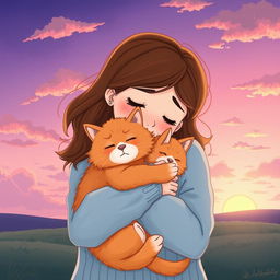 An emotional illustration of Sara, a young woman with wavy brown hair, wearing a cozy light blue sweater, hugging her fluffy orange cat named Twinkle goodbye