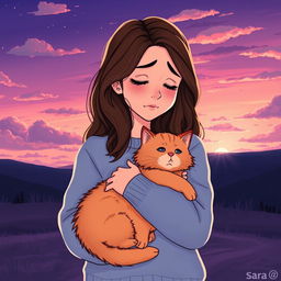 An emotional illustration of Sara, a young woman with wavy brown hair, wearing a cozy light blue sweater, hugging her fluffy orange cat named Twinkle goodbye