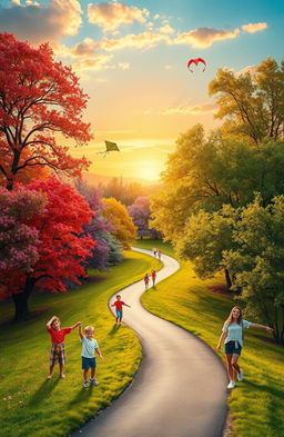 A beautiful and serene landscape representing the journey from childhood to youth, featuring vibrant colors of the seasons transitioning from blooming flowers of spring to the lush greenery of summer