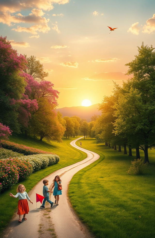 A beautiful and serene landscape representing the journey from childhood to youth, featuring vibrant colors of the seasons transitioning from blooming flowers of spring to the lush greenery of summer