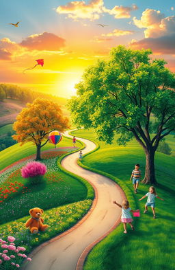 A beautiful and serene landscape representing the journey from childhood to youth, featuring vibrant colors of the seasons transitioning from blooming flowers of spring to the lush greenery of summer