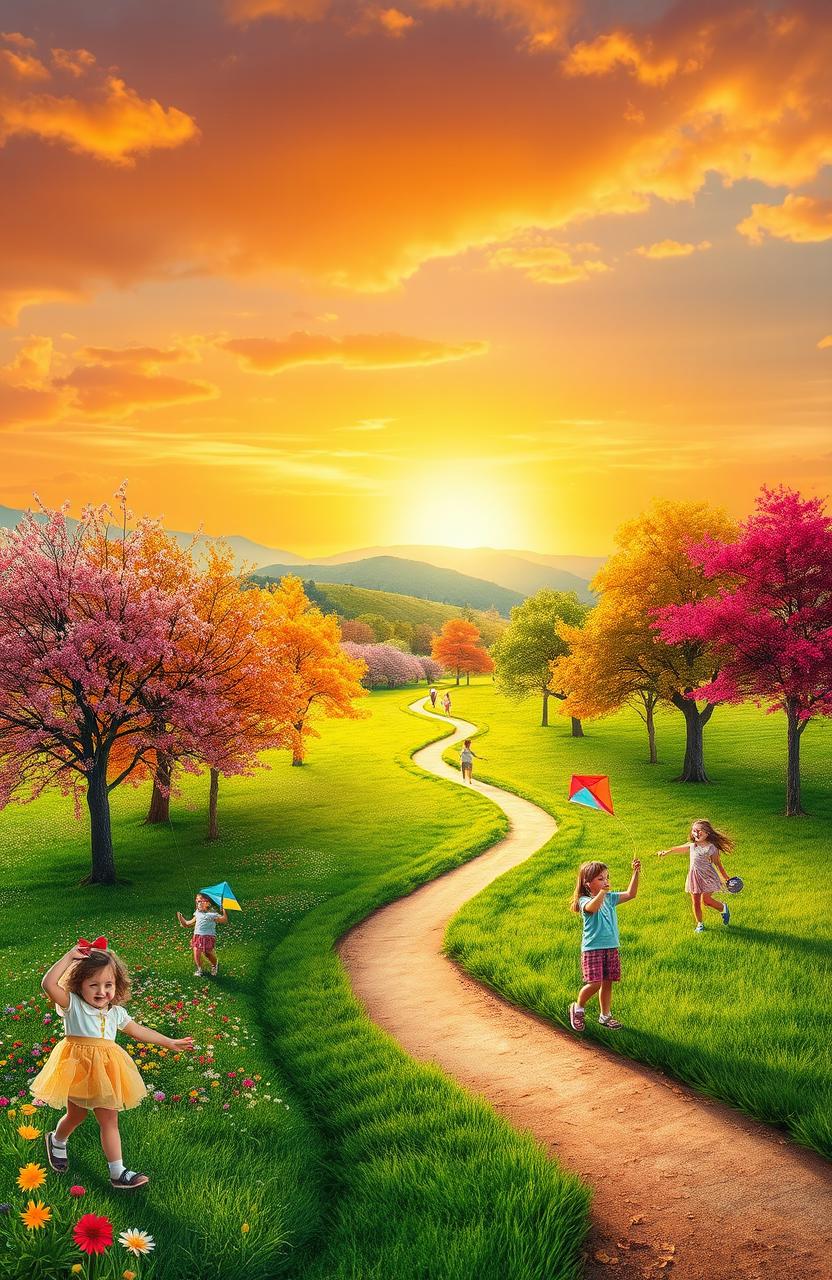 A beautiful and serene landscape representing the journey from childhood to youth, featuring vibrant colors of the seasons transitioning from blooming flowers of spring to the lush greenery of summer