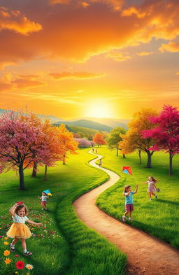 A beautiful and serene landscape representing the journey from childhood to youth, featuring vibrant colors of the seasons transitioning from blooming flowers of spring to the lush greenery of summer