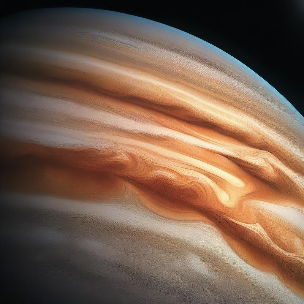 A digital rendering of Jupiter's atmosphere, showcasing the vibrant bands of color and the chaotic storms, including the Great Red Spot