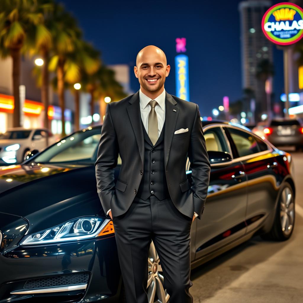 A stylish bald young man in a perfectly tailored suit stands confidently beside his sleek black Jaguar XJ on a Los Angeles street at night