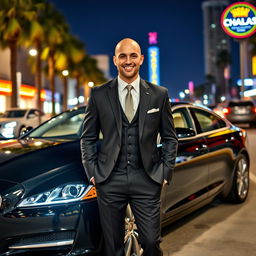 A stylish bald young man in a perfectly tailored suit stands confidently beside his sleek black Jaguar XJ on a Los Angeles street at night