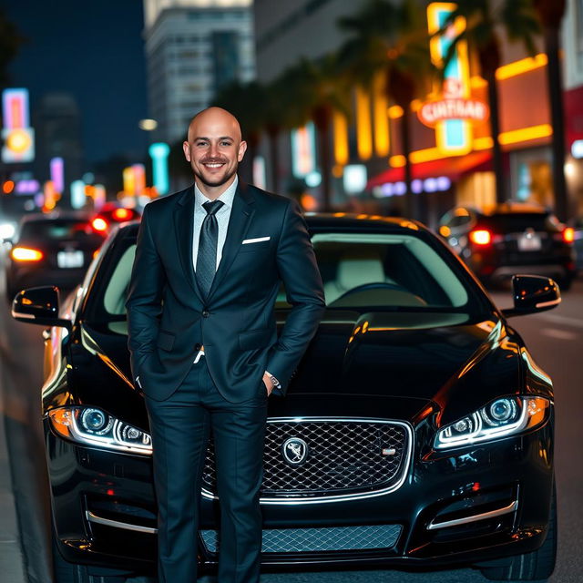 A stylish bald young man in a perfectly tailored suit stands confidently beside his sleek black Jaguar XJ on a Los Angeles street at night