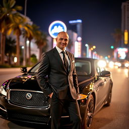 A stylish bald young man in a perfectly tailored suit stands confidently beside his sleek black Jaguar XJ on a Los Angeles street at night