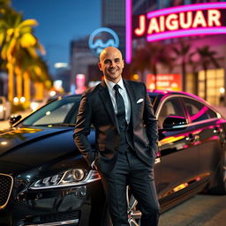 A stylish bald young man in a perfectly tailored suit stands confidently beside his sleek black Jaguar XJ on a Los Angeles street at night