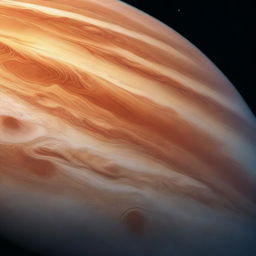 A digital rendering of Jupiter's atmosphere, showcasing the vibrant bands of color and the chaotic storms, including the Great Red Spot