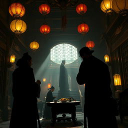 A dramatic scene depicting the mystery of death in a Vietnamese royal palace, featuring an ornate palace interior filled with intricate wooden carvings and colorful lanterns