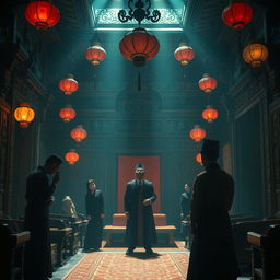 A dramatic scene depicting the mystery of death in a Vietnamese royal palace, featuring an ornate palace interior filled with intricate wooden carvings and colorful lanterns