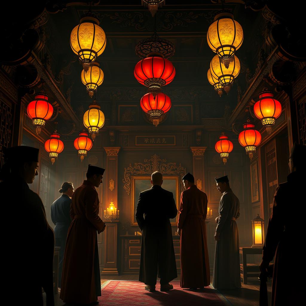 A dramatic scene depicting the mystery of death in a Vietnamese royal palace, featuring an ornate palace interior filled with intricate wooden carvings and colorful lanterns