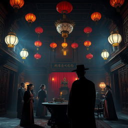A dramatic scene depicting the mystery of death in a Vietnamese royal palace, featuring an ornate palace interior filled with intricate wooden carvings and colorful lanterns