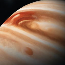 A digital rendering of Jupiter's atmosphere, showcasing the vibrant bands of color and the chaotic storms, including the Great Red Spot