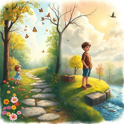 A thoughtful representation of a journey from childhood to youth, depicting a winding path through a vibrant, lush forest